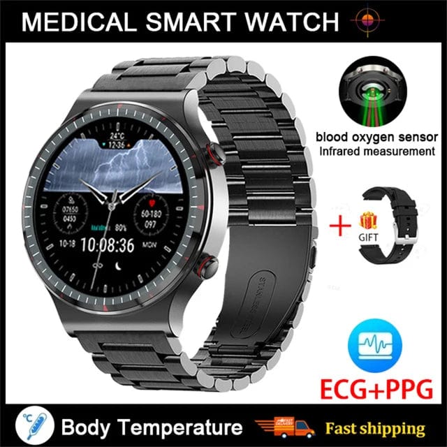 Showlu Fashion Store Black steel Accurate Measure ECG+PPG Smart Watch Men Healthy Monitoring Blood Pressure Body Temperature Sport Smartwatch For Android IOS