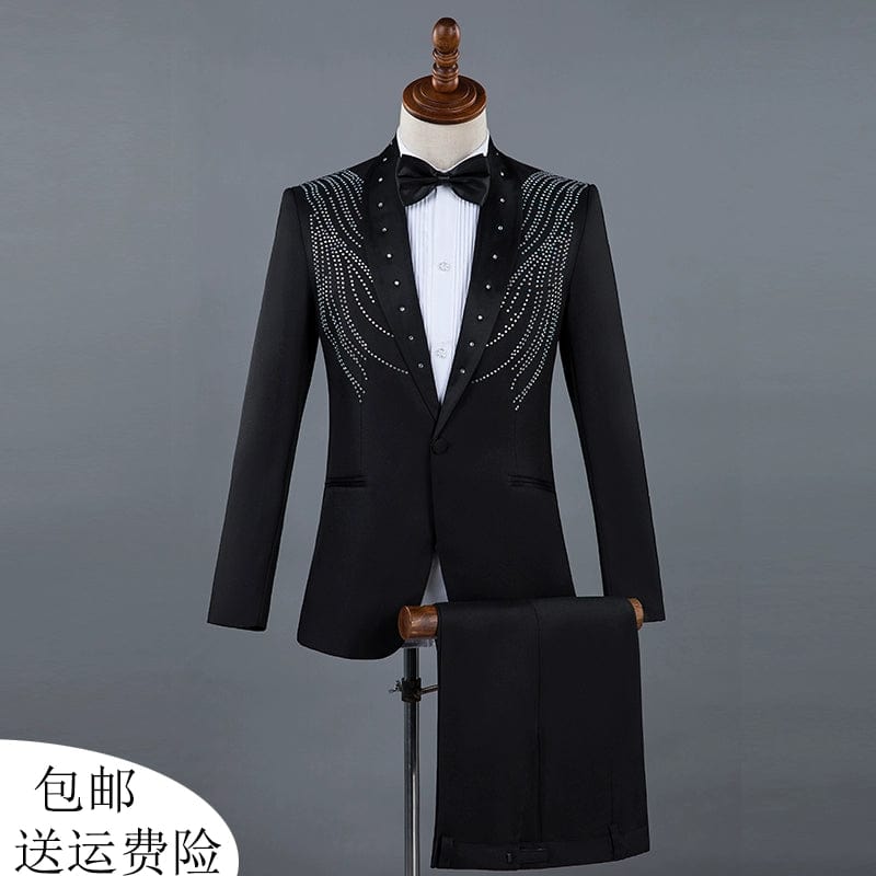  Showlu Fashion Store Black(Suit + pants with bow tie) / 185/96A(2XL weight about 92.50kg) Diamond Decorations Sequined Chorus Singer Host Performance Costume