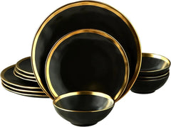 Showlu Fashion Store Black / United States 12 Piece Luxury Bone China Dishware Sets Kitchen Tableware Set of Plates Gilt Rim Plates and Bowls Sets for 4 Plate Dish Dinner