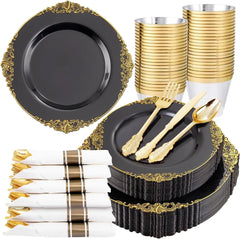 Showlu Fashion Store Black / United States 175PCS Black and Gold Plastic Plates - Disposable Black Party Plates & Pre Rolled Napkins with Cutlery