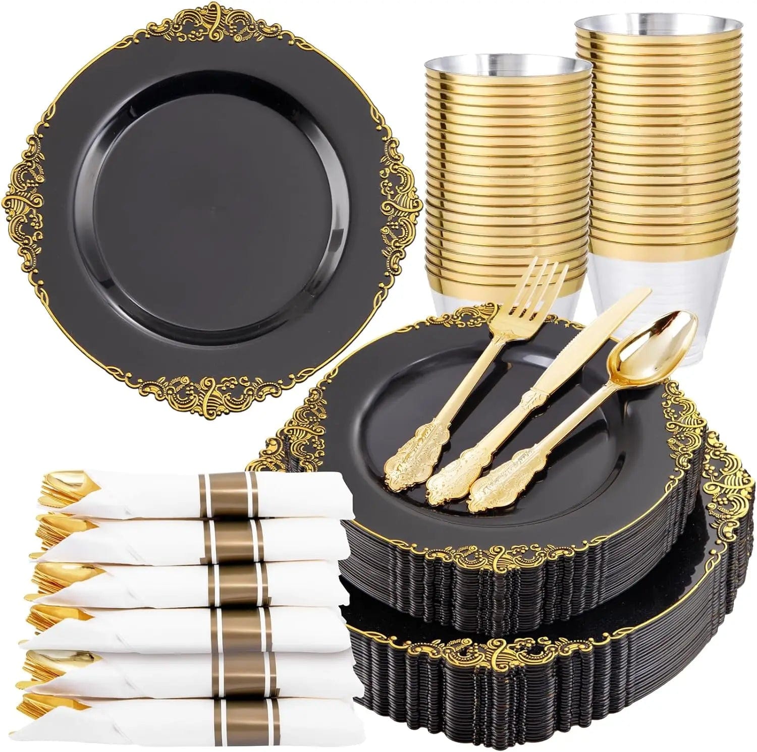 Showlu Fashion Store Black / United States 175PCS Plastic Plates - Disposable Party Plates & Pre Rolled Napkins with Cutlery for 25 Guests, Plates, Silverware, Cups,Napkin