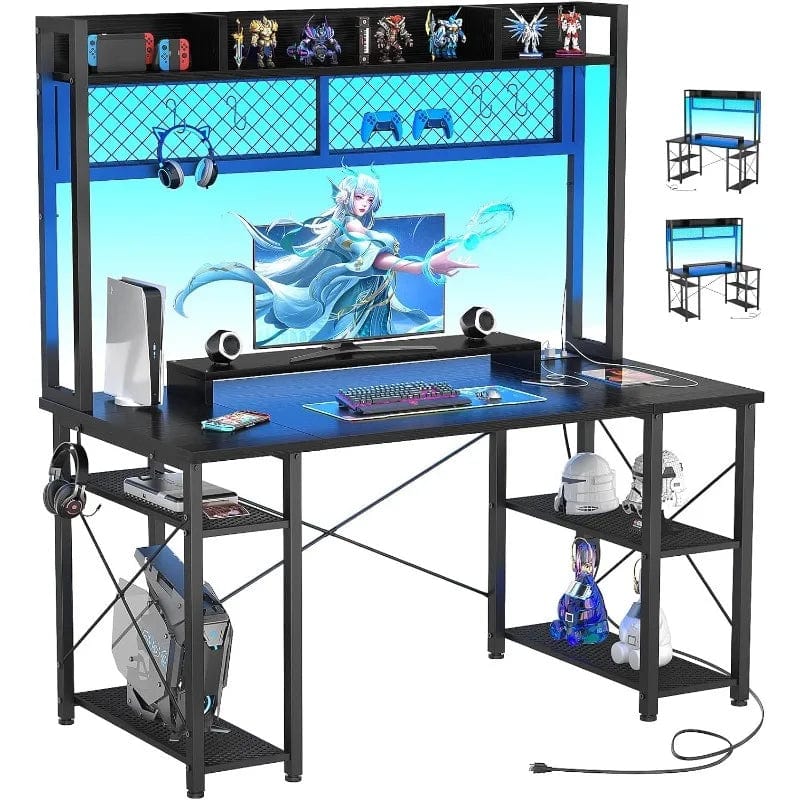 SHOWLU FASHION STORE black / United States 2024 Upgrade Gaming Desk with Hutch, 48'' Magic Computer Desk with LED and Outlets, Reversible Workstation Desk with Pegboard