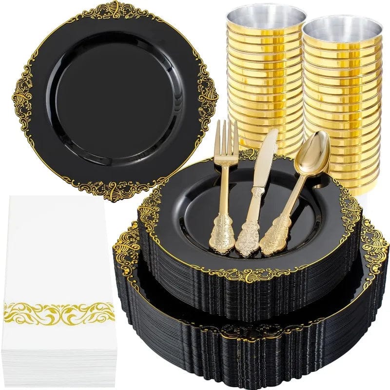 Showlu Fashion Store Black / United States / 350PCS 350PCS Clear Gold Plastic Plates - Gold Plastic Dinnerware Sets for 50 Guests - 100 Gold Disposable Plates, 150 Plastic