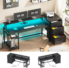 SHOWLU FASHION STORE Black / United States 59" Office Desk with Drawers, Reversible Computer Desk with File Drawers & Storage, Gaming Desk with LED Lights