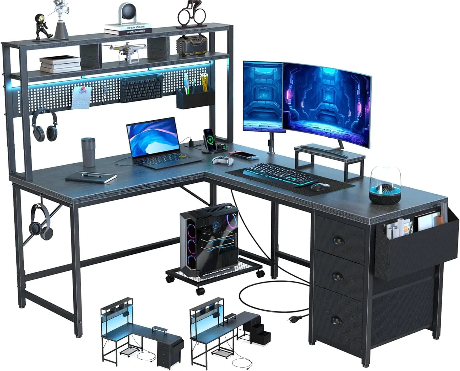 SHOWLU FASHION STORE Black / United States Gaming Desk Computer Desk with Pegboard & Shelves Large L Shaped Desk with Drawers, Power Outlet & LED