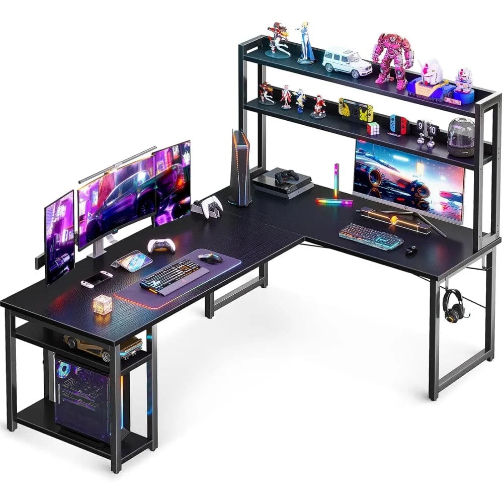 SHOWLU FASHION STORE Black / United States L Shaped Gaming Desk with Hutch,Computer Desk with Storage Shelves, 66"Desk for Home Office,Corner Desk with Headphone Hook