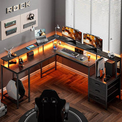 SHOWLU FASHION STORE Black / United States L Shaped Gaming Desk with LED Lights and Power Outlets, Computer Desk with 3 Drawers, 66.1 Inches Corner Desk, Home Office