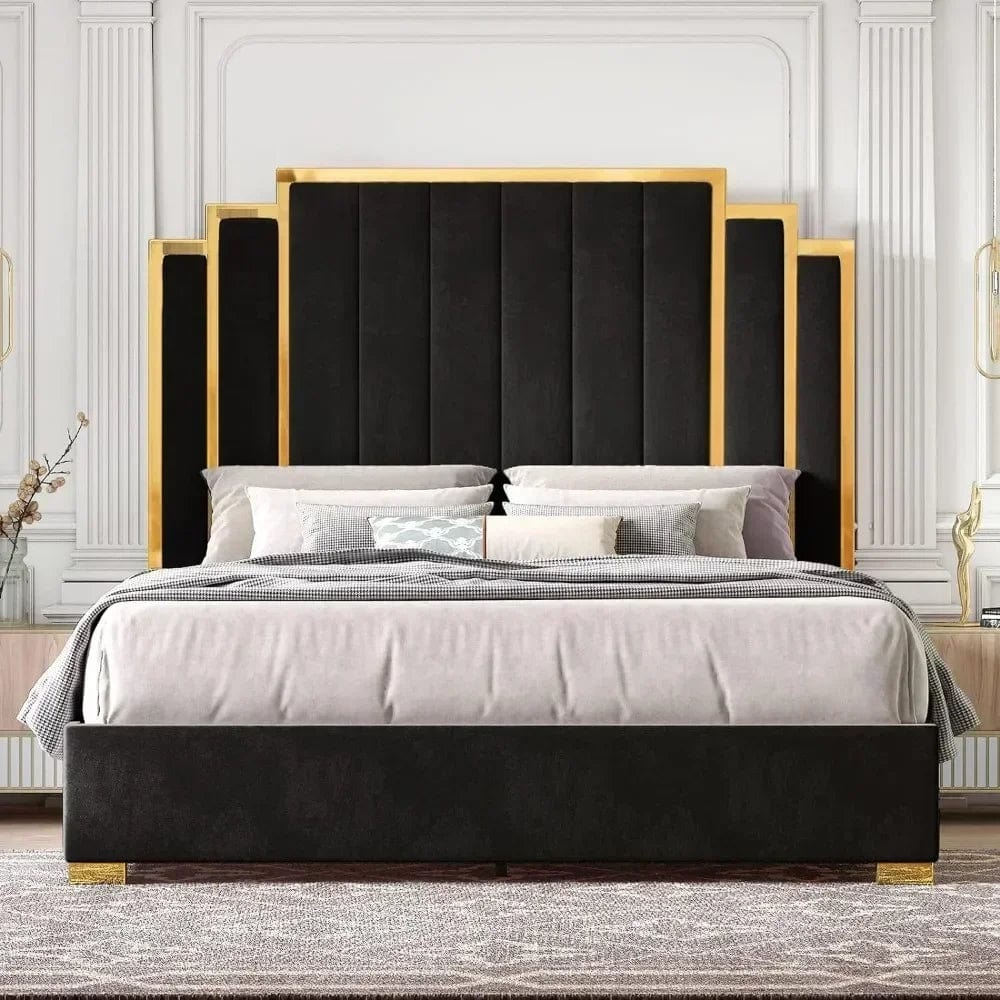 SHOWLU FASHION STORE Black / United States / Queen Queen Size Bed Frame And 61" Headboard, Upholstered With Golden Plating Trim, Platform Beds No Box Spring Needed, Bed Frame