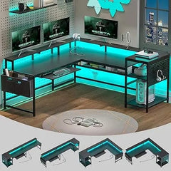 SHOWLU FASHION STORE Black / United States SEDETA L Shaped Computer Desk, Reversible Computer Desk, L Shaped Desk with Power Outlets & LED Strip, Monitor Shelf, Keyboard T