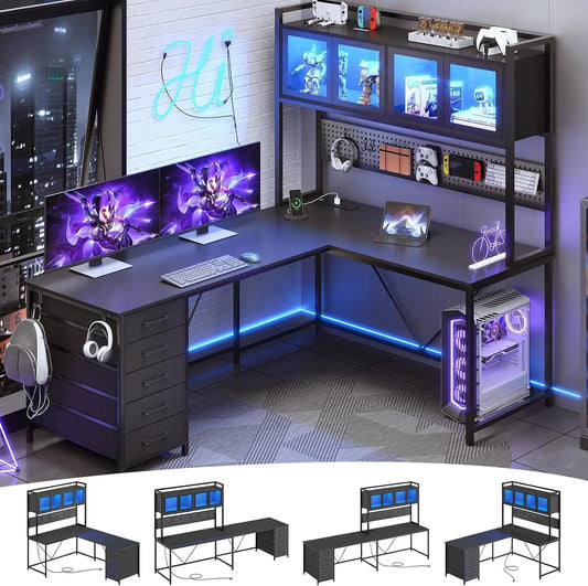 SHOWLU FASHION STORE Black / United States SEDETA L Shaped Gaming Desk with Drawers, L Shaped Computer Desk with Hutch and Storage Shelves, Gaming Desk with Pegboard,