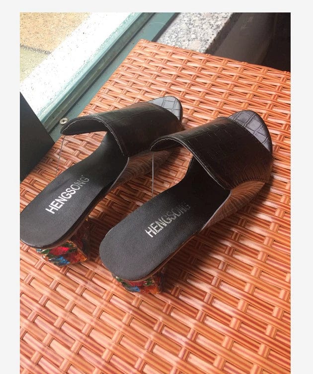  Showlu Fashion Store Black upper Black / 41 Flower Heel Transparent Women's Shoes New Summer Sandals Women's Mid Heel Slippers Chunky Heel Slip-on Patent Leather Sandals Women's Slippers