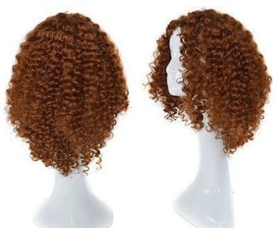 A short, auburn-brown curly wig displayed on two mannequin heads from front and side angles.