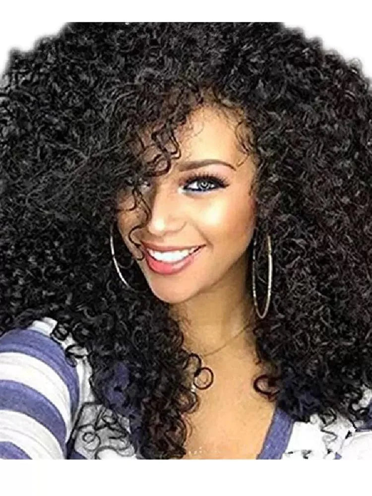 Showlu Black Afro Explosion Wig with short corn curl synthetic hair, modeled on a woman showcasing bold Afro hairstyle.