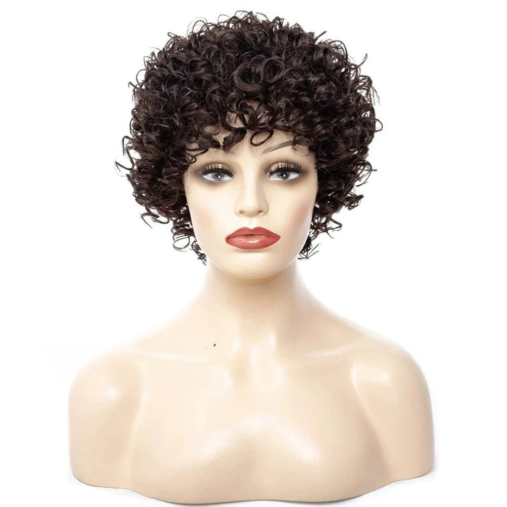 A mannequin head displays a short, dark brown wig with tight, voluminous curls.