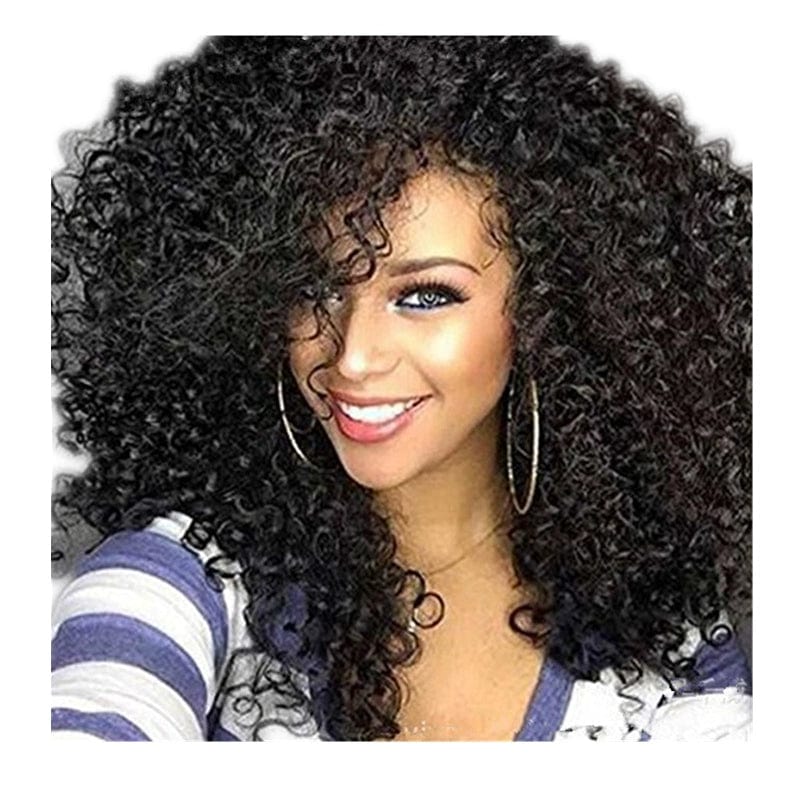 A woman with a voluminous, short, black curly wig styled in an exaggerated afro fashion.