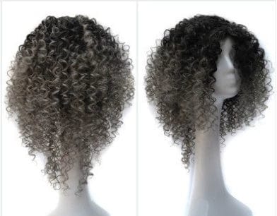 A short, curly black and grey ombre wig on a mannequin head.