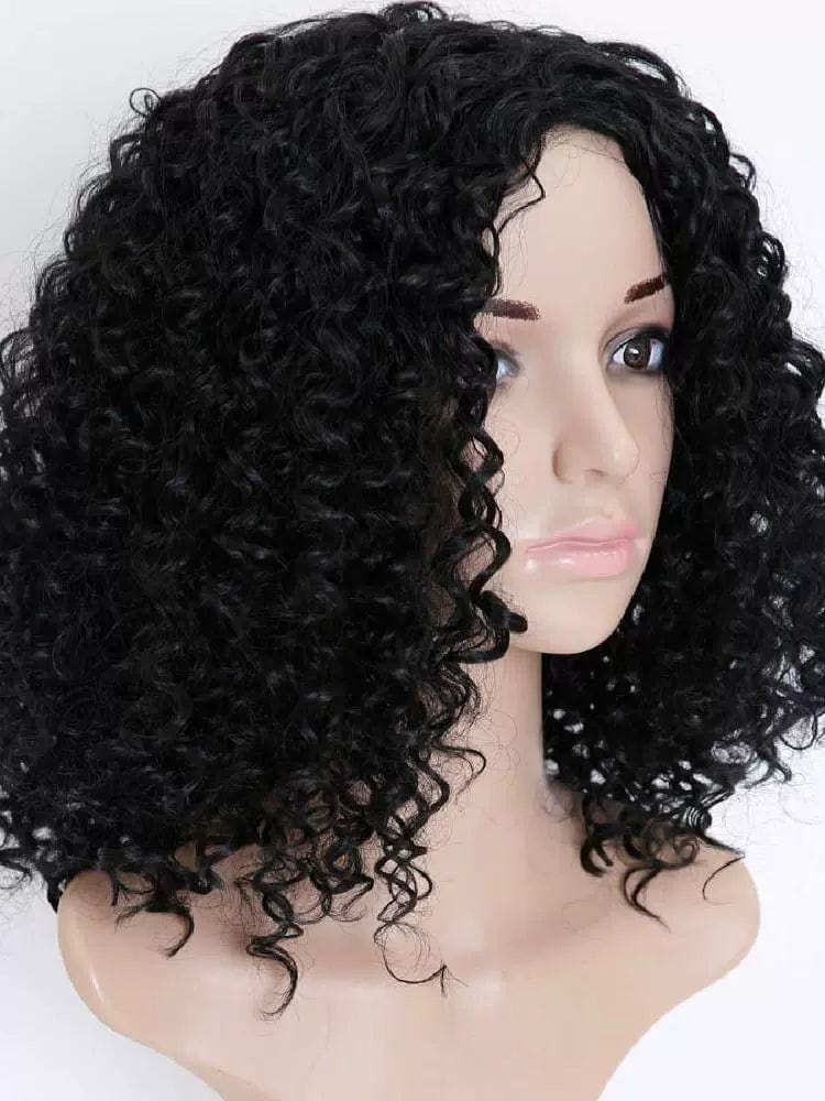 Showlu Black Afro Explosion Wig with short corn curl synthetic hair, styled on a model for a bold, voluminous African fashion look.