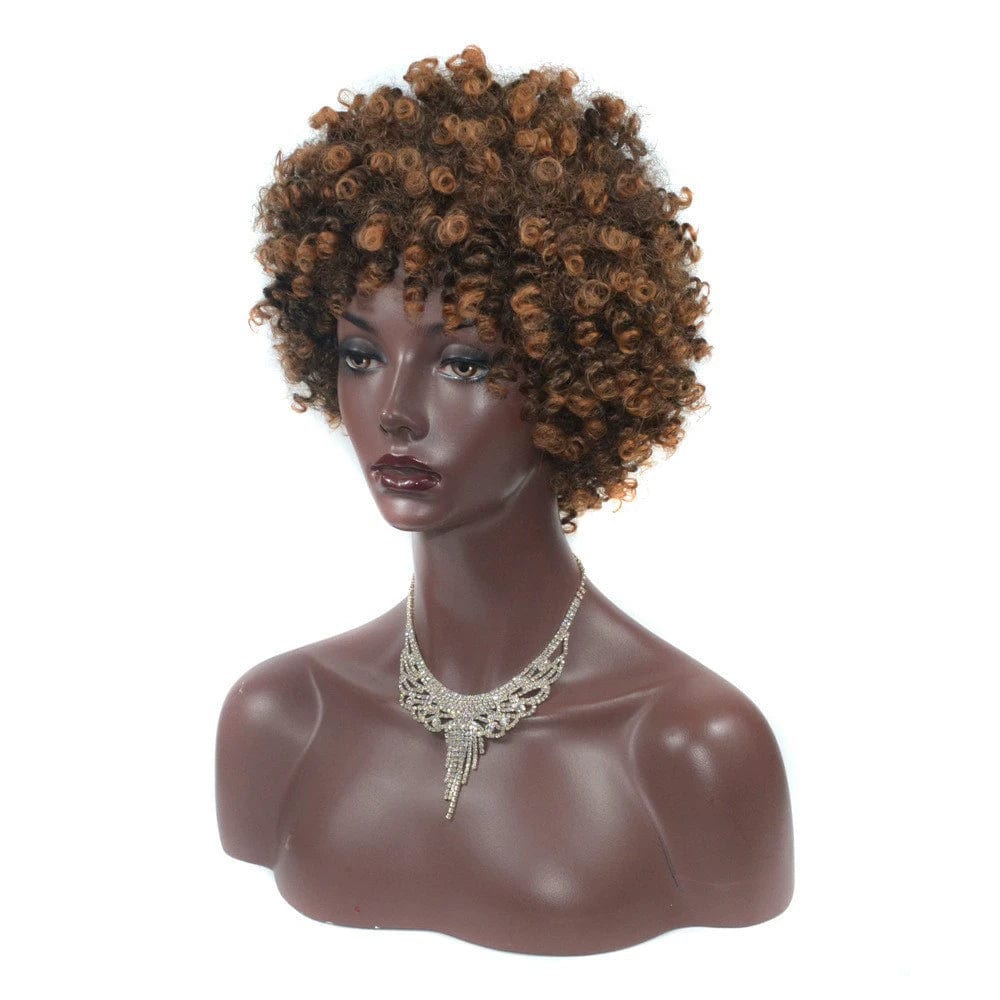 Showlu Black Afro Explosion Wig with short corn curl synthetic hair, styled for a bold, voluminous African fashion look.