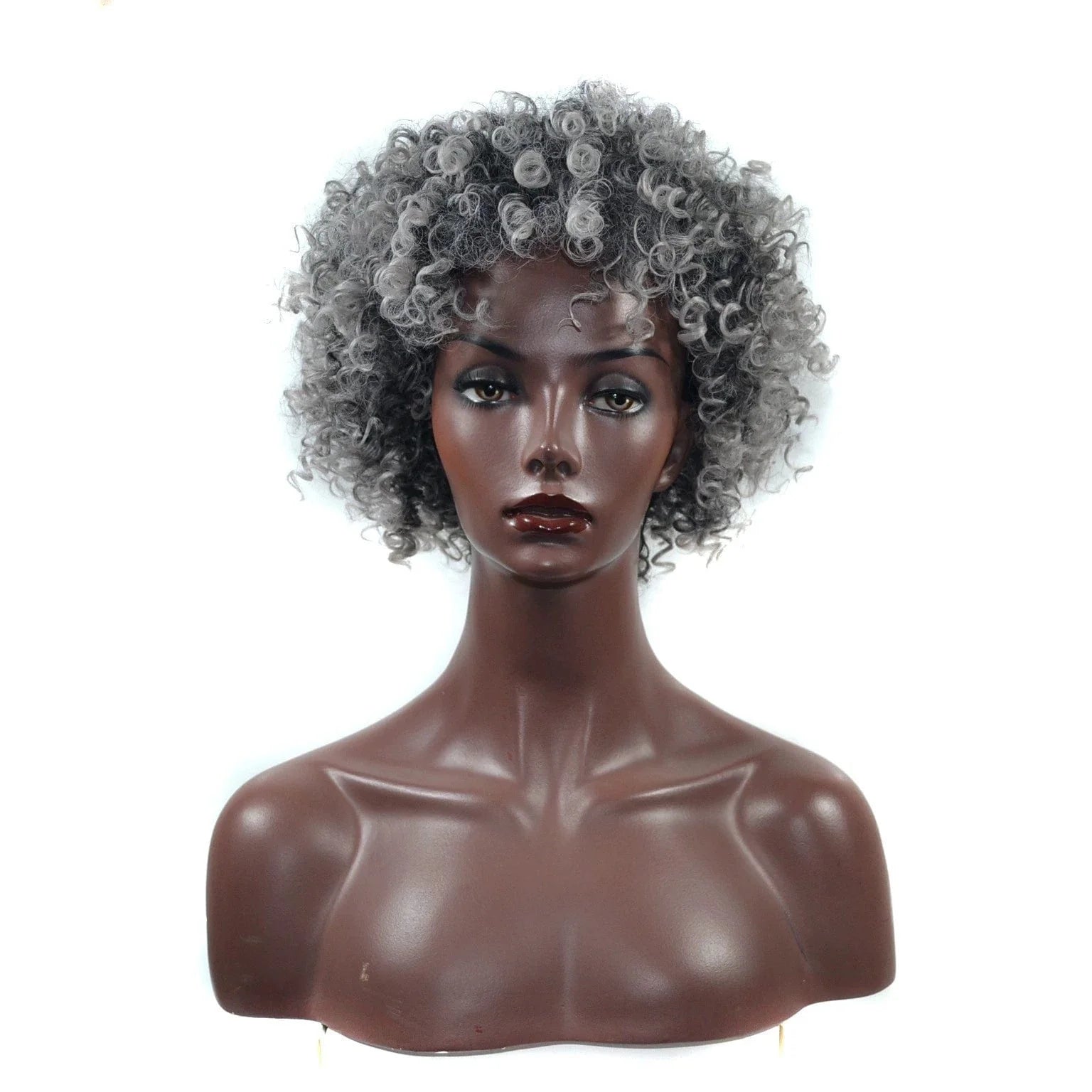 A mannequin head displays a short, curly, grey-toned afro wig with a voluminous, textured style.