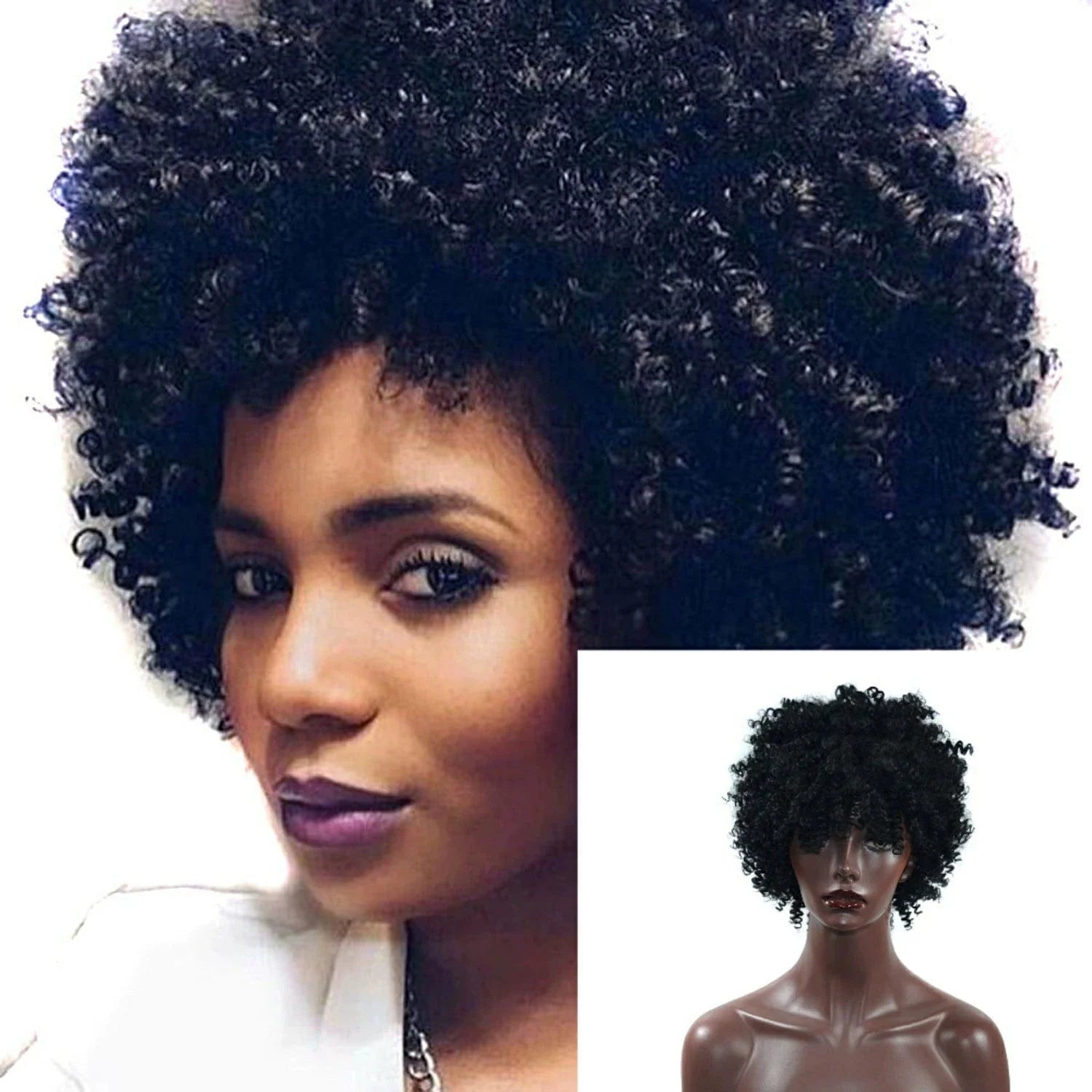 A woman wears a short, voluminous black afro wig with tight curls.