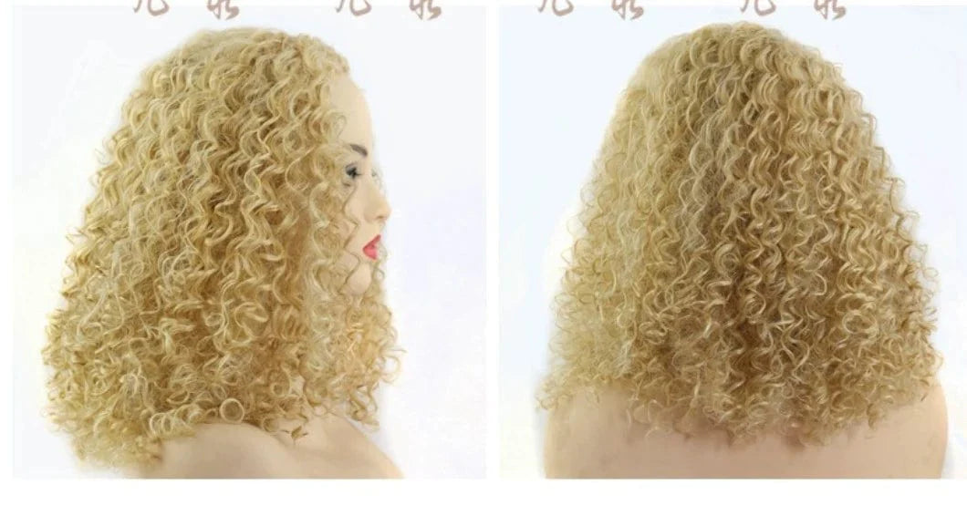 A blonde, shoulder-length wig with tight, voluminous curls shown from the side and back.