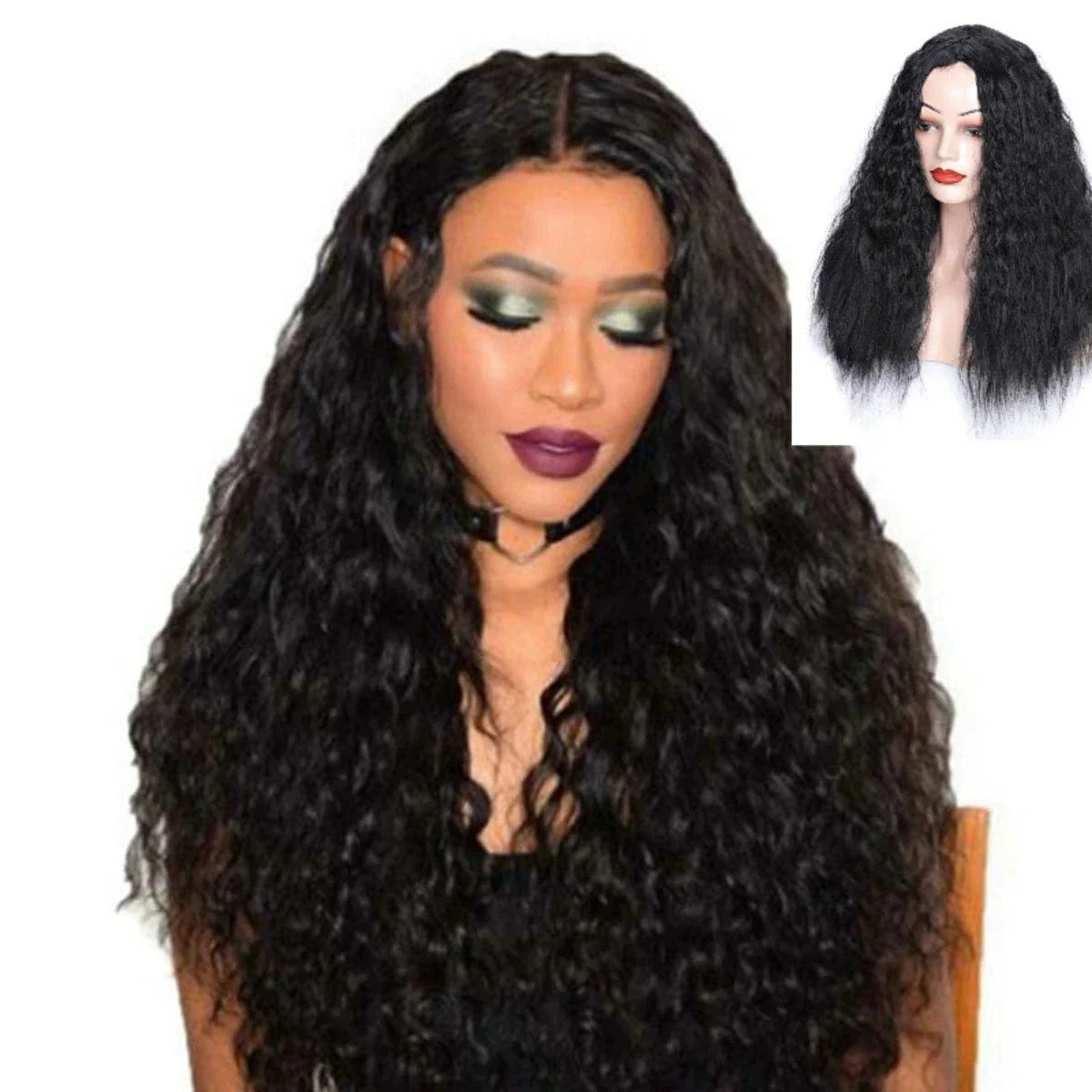 A woman with long, wavy black hair wears a wig with a center part.