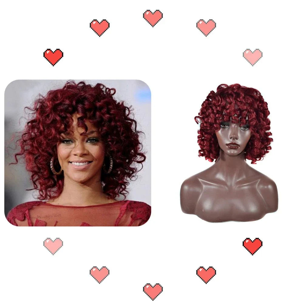A short, curly, deep red wig displayed on a mannequin head next to a photo of Rihanna.