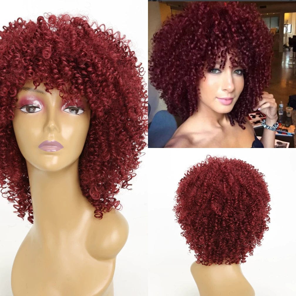 A short, burgundy-colored curly wig with bangs shown on a mannequin and a model.