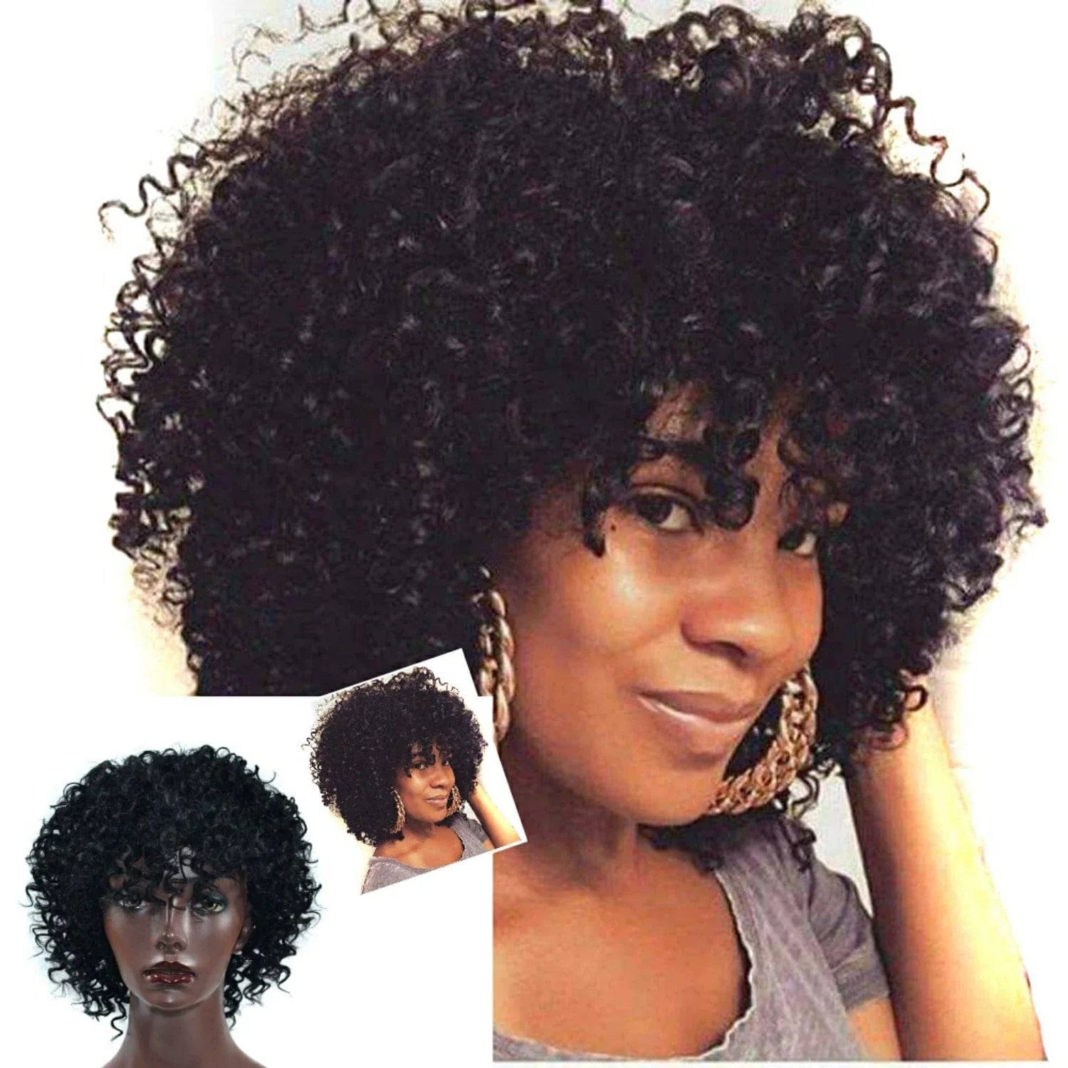 A black, short, curly wig with voluminous, tight coils and bangs.