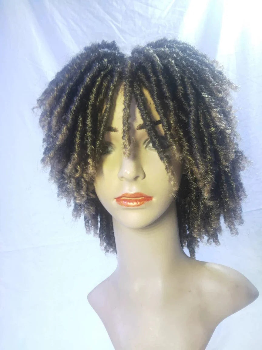 A mannequin head wears a short, voluminous black wig with textured, curly corn-style hair.