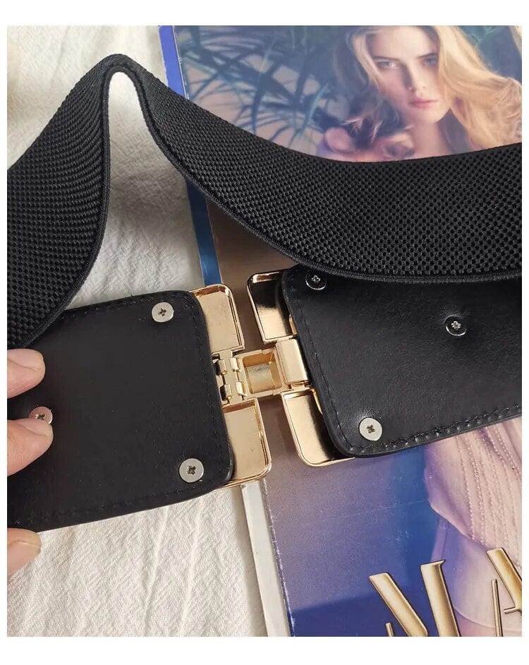  Showlu Fashion Store Black Women Wide Belt For Dress Lady Elastic Cummerbunds Coat Party Female Super Big Buckle Waist Strap Fashion Skirt Black Waistbands