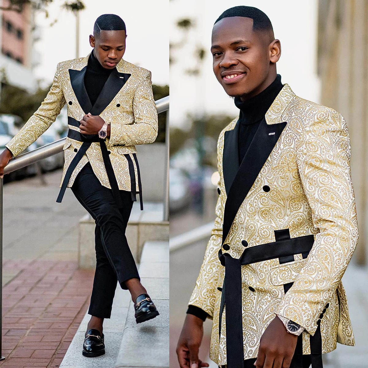 Black men's 2-piece jacquard suit with double-breasted blazer, slim fit, peaked lapel, and matching pants, tailored for formal occasions.