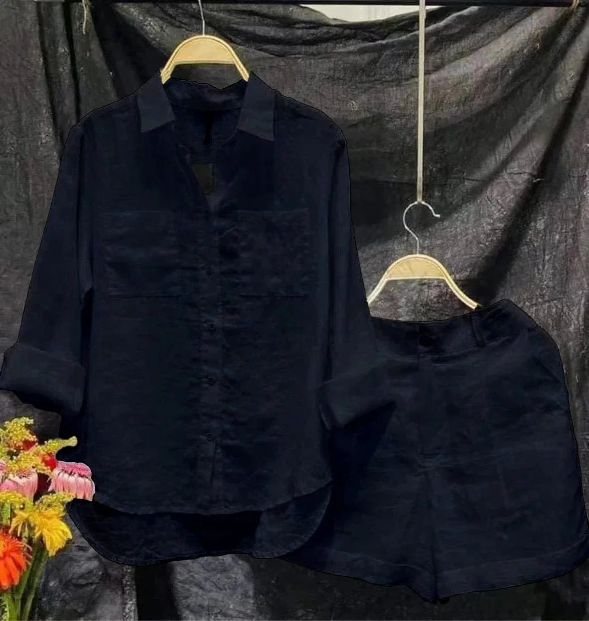 Showlu Fashion Women's cotton linen 2-piece set with long sleeve shirt and shorts, in black, perfect for casual summer wear.