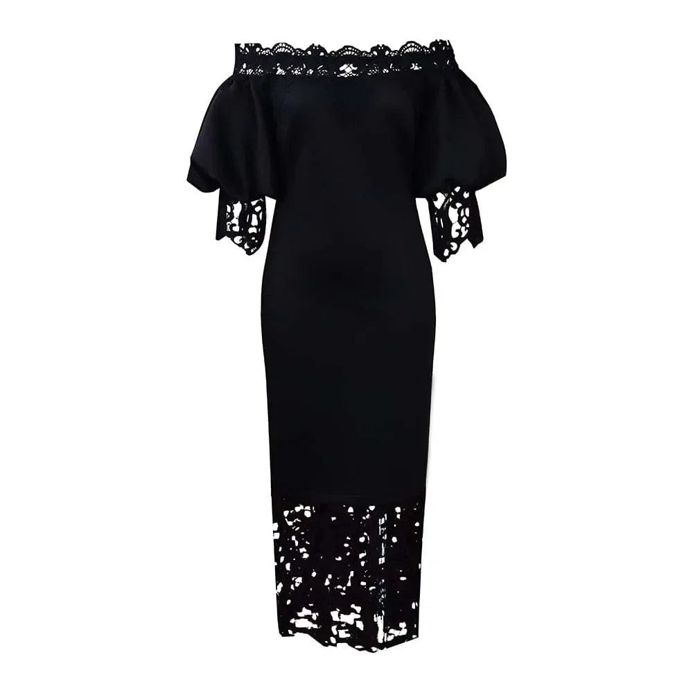 SHOWLU FASHION STORE Black / XL Trend Fashion Lace Midi Dress Women Slash Collar Short Sleeve Stitching Off-Neck Dress High Waist Solid Color Bodycon Sexy Dress