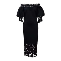 SHOWLU FASHION STORE Black / XL Trend Fashion Lace Midi Dress Women Slash Collar Short Sleeve Stitching Off-Neck Dress High Waist Solid Color Bodycon Sexy Dress