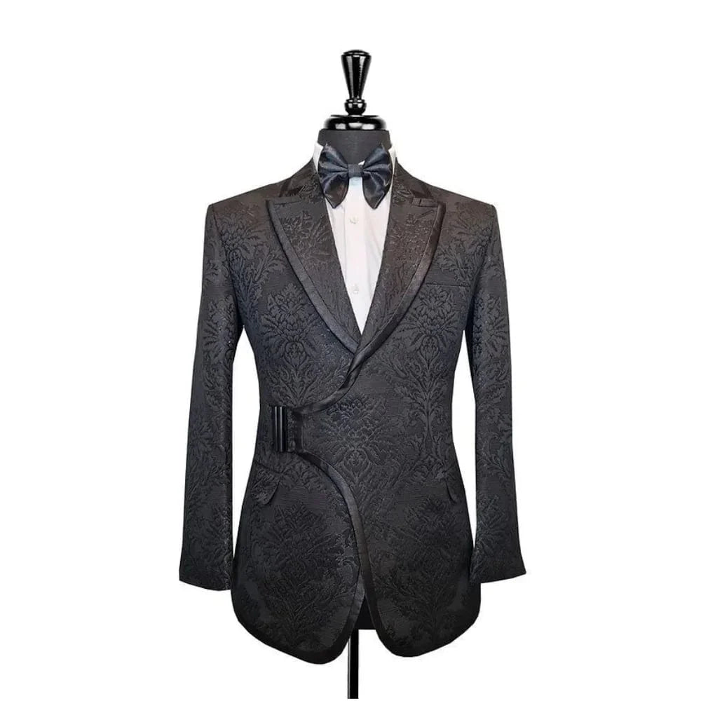 Black men's 2-piece patterned tuxedo suit with slim fit blazer and solid pants, featuring buckle design for wedding or formal events.