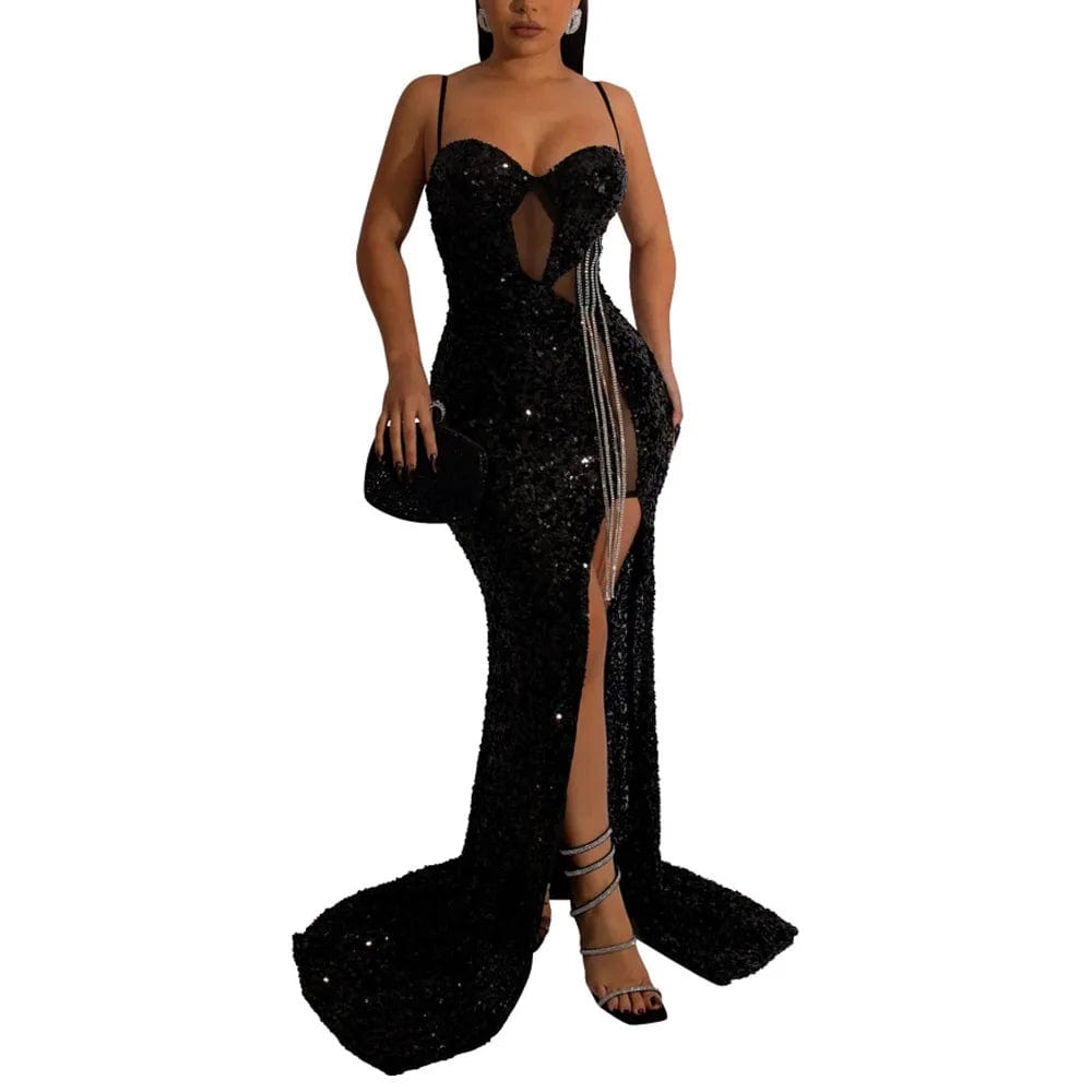 SHOWLU FASHION STORE Black / XXL Women Sexy Solid Color Spaghetti Strap Sequin Design Glitter Floor Length Party Dress