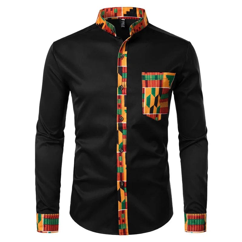  Showlu Fashion Store Black / XXXL New African Clothing Men's Shirt Standing Neck Digital Printing Long Sleeve Flower Shirt Men's Cardigan Top