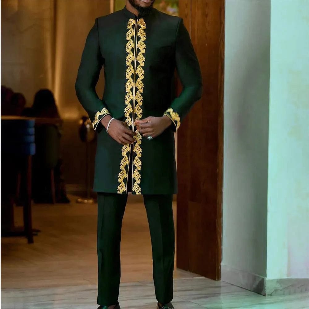  Showlu Fashion Store Blackgreen / M Kaftan 2 Piece Sets Mens Outfit Embroidered Long-sleeved Top Trousers African Ethnic Style Wedding Men's Suits Clothing Fashion