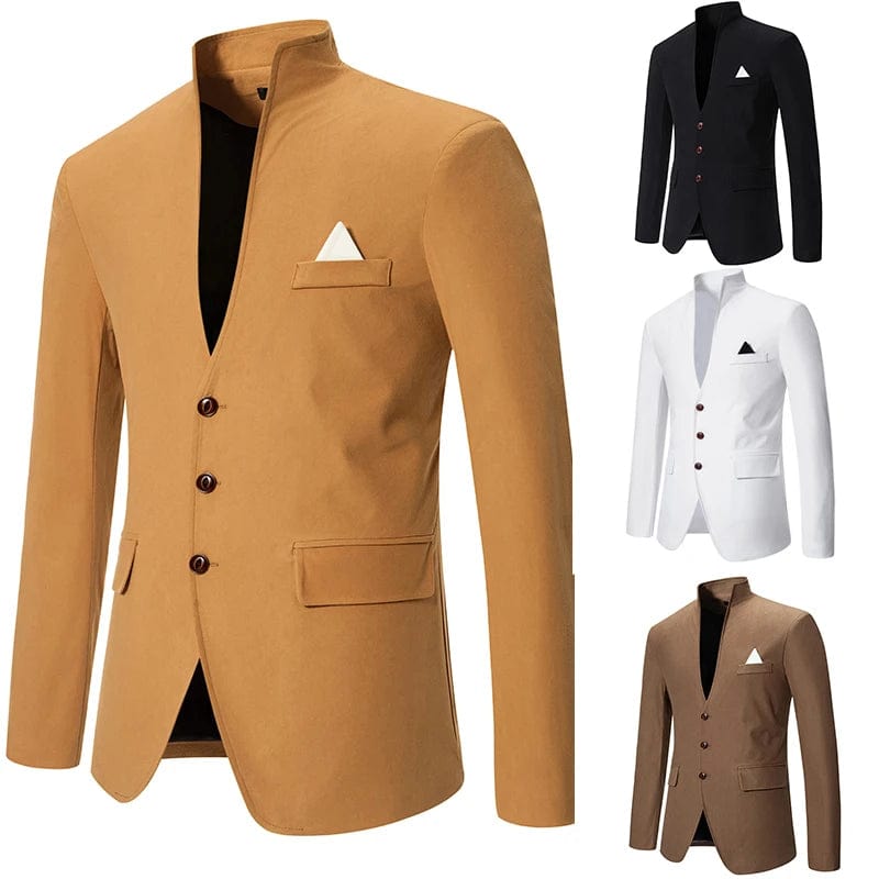 SHOWLU FASHION STORE Blazer Men's Fashion Gentleman Solid Color Comfortable Business Color Matching with Standing Collar Wedding Casual Slim Suit