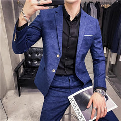  Showlu Fashion Store ( Blazer + Pants ) Men's Fashion Boutique Dark Plaid Casual Business Suit Formal Groom Wedding Dress Tuxedo Blue Black