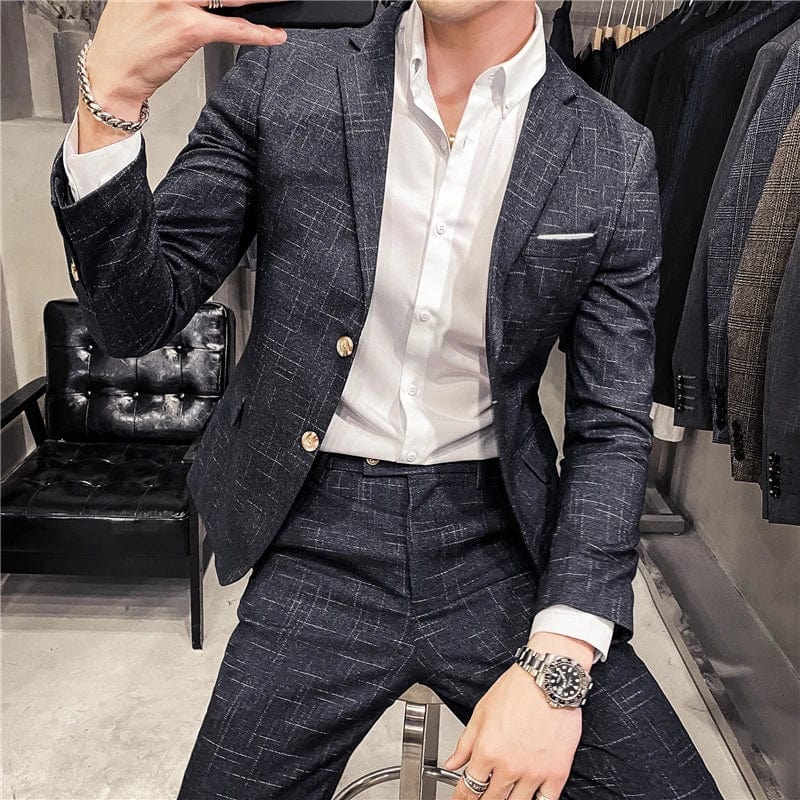 Showlu Fashion Store ( Blazer + Pants ) Men's Fashion Boutique Dark Plaid Casual Business Suit Formal Groom Wedding Dress Tuxedo Blue Black