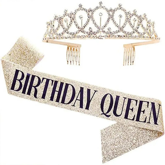 Showlu Fashion Store Bling Rhinestone Crystal Crown Birthday Anniversary Decoration Happy 18 21 30 40 50th  Satin Sash Party Supplies