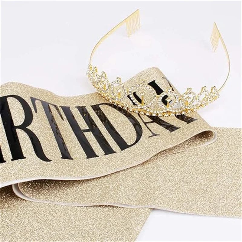  Showlu Fashion Store Bling Rhinestone Crystal Crown Birthday Anniversary Decoration Happy 18 21 30 40 50th  Satin Sash Party Supplies