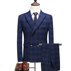 SHOWLU FASHION STORE blue 1 / Asian 5XL is Eur 3XL Fashion New Men Double Breasted Plaid Suit Coat Pants 2 Pcs Set / Male Slim Fit Business Wedding Blazers Jacket Trousers