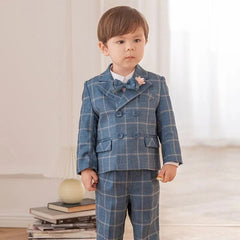 Showlu Fashion Store blue / 12M Children's Flormal Plaid Dress Suit Set Baby Boy Autumn Wedding Party Banquet Costume Kids Double Breasted Blazer Pants Bowtie