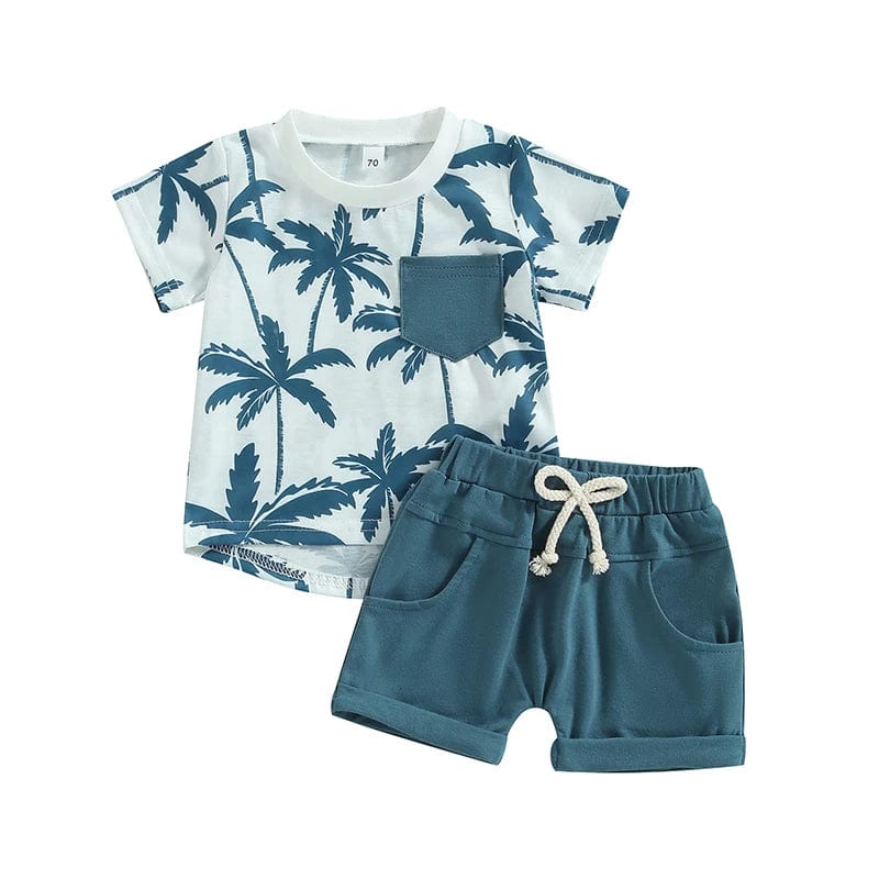  Showlu Fashion Store Blue / 12M Tregren Infant Boy Summer Clothes Suits Beach Style Tree Print Short Sleeve Crew Neck T-Shirts and Elastic Waist Shorts 2Pcs Set