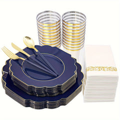 Showlu Fashion Store Blue 140PCS Plastic Plates - Gold Plastic Silverware, Gold Disposable Plates Include 40Plates, 20Cups, 20Forks, 20 Knives, 20Spoons, 20Napkins for Weddings & Parties