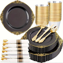 Showlu Fashion Store Blue 175PCS Black and Gold - Blue and Gold Plastic Plates - Disposable Black - Blue Party Plates & Pre Rolled Napkins with Cutlery for 25 Guests, 50Plates, 75Silverware, 25Cups, 25Napkin for Wedding & Party