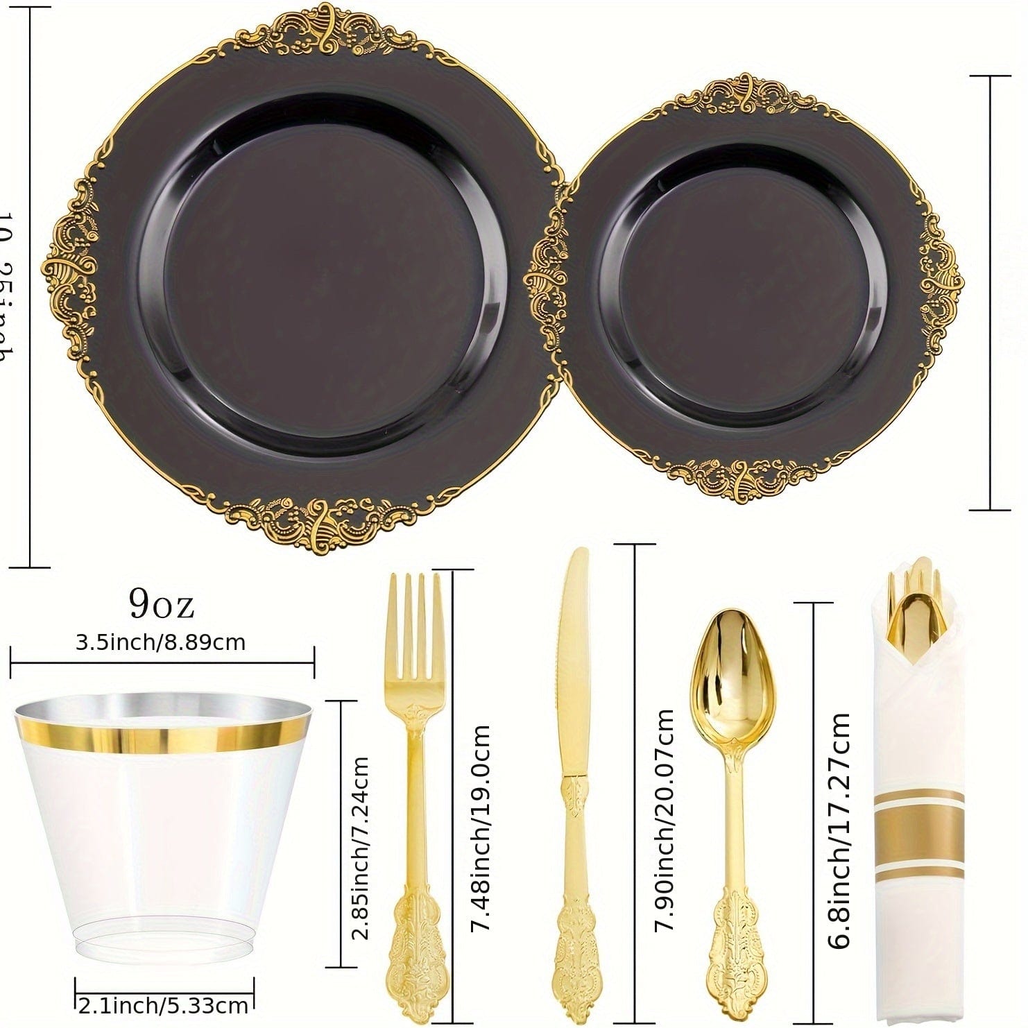 Showlu Fashion Store Blue 175PCS Black and Gold - Blue and Gold Plastic Plates - Disposable Black - Blue Party Plates & Pre Rolled Napkins with Cutlery for 25 Guests, 50Plates, 75Silverware, 25Cups, 25Napkin for Wedding & Party